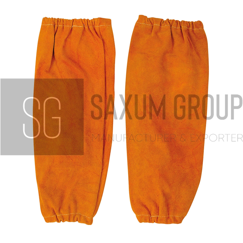 Orange split leather sleeve for welding purposes with elastic on both sides